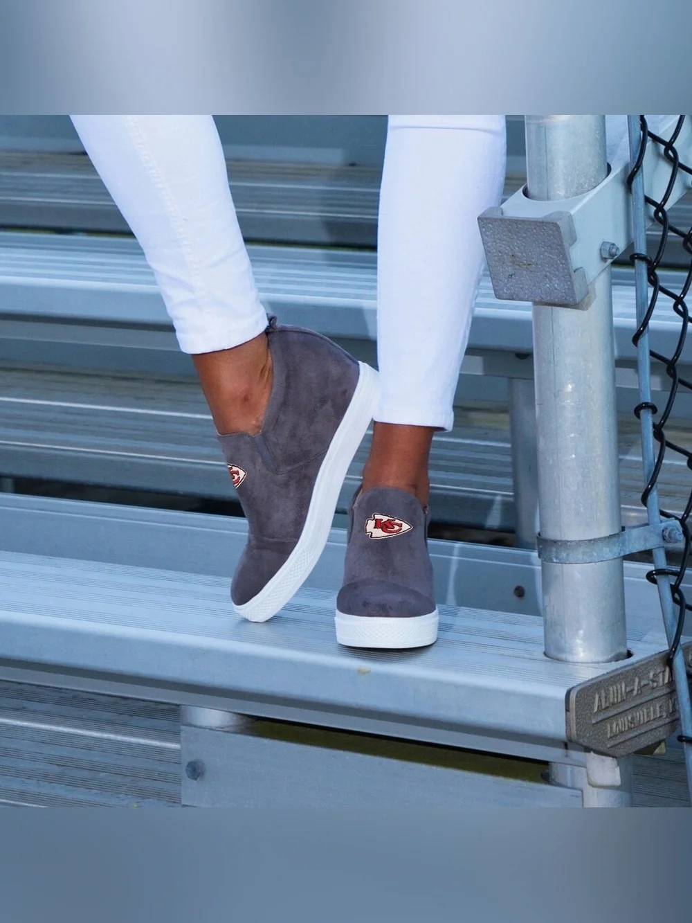 NFL Gray Suede Platform Wedge Sneakers with Red Logo